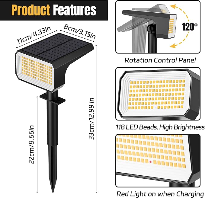 Solar Spot Lights Outdoor Waterproof, 10 Pack, 118 LED Warm White | IP67, 4 Modes Auto On/Off, for Yard Garden Pathway Walkway Tree Patio Driveway
