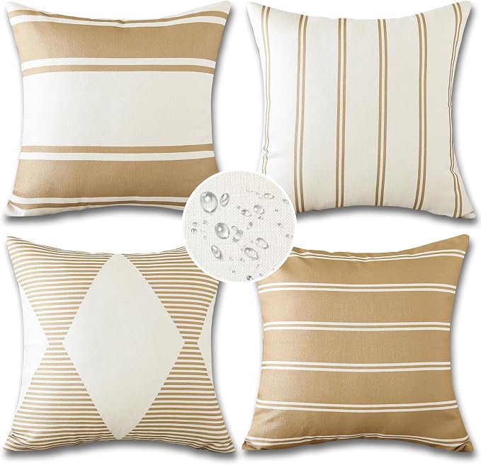 OTOSTAR Outdoor Waterproof Decorative Throw Pillow Covers 20x20 Inch Geometry Pillow Cases Square Cushion Case Garden Pillow Covers Pillows Shell for Patio Furniture Couch Tent Set of 4 (Light Coffee)