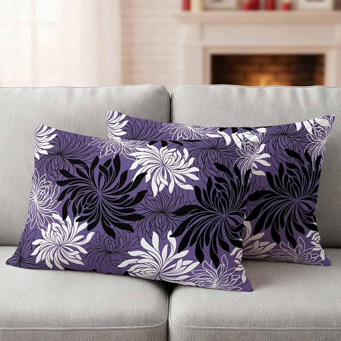 Yukro Purple Black Floral Outdoor Waterproof Pillow Covers Pack of 2, Vintage White Black Flower Purple Decorative Throw Pillowcases Cushion Covers for Garden Patio Tent Sofa Couch, 20x12 inch