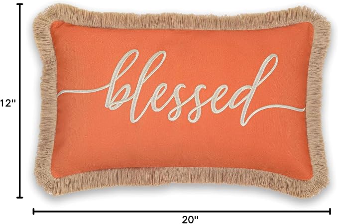 Hofdeco Premium Fall Coastal Patio Indoor Outdoor Lumbar Pillow Cover Only, 12"x20" Water Repellent for Backyard, Couch, Rust Orange Embroidered Blessed with Fringed Trim