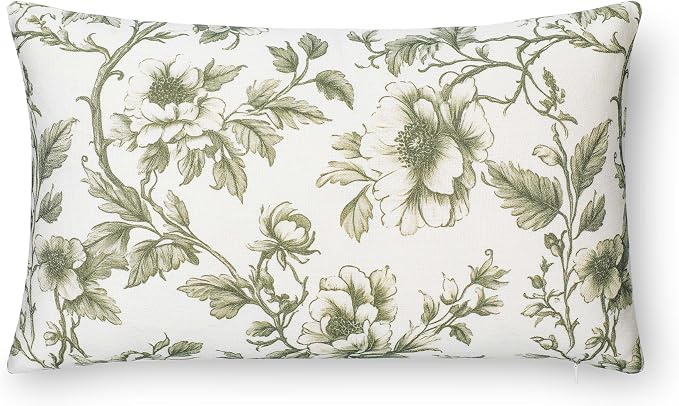 Modern Farmhouse California Casual Indoor Outdoor Lumbar Pillow Cover, 12"x20" Water Repellent for Patio, Backyard, Couch, Poolside, Oliver Green Print Vintage Chinoiserie Floral