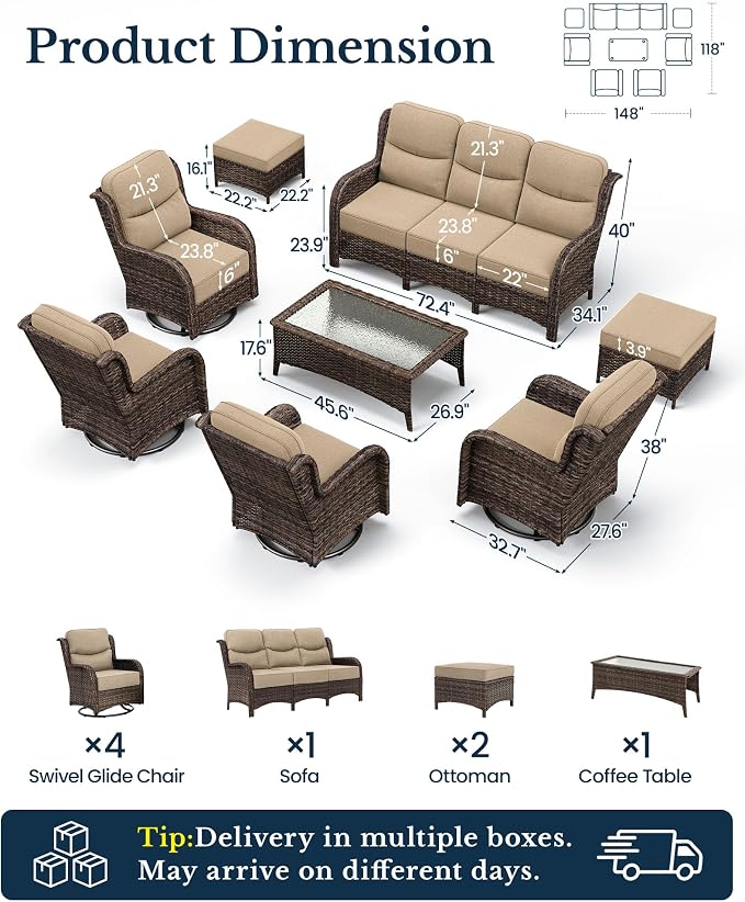 HILLGA Luxury High Back Patio Furniture Set with 6-Inch Thick Cushion, 8-Piece Outdoor Conversation Set with Sofa, Swivel Rocker Chairs & Ottomans, Ideal for Porch Pool Deck Yard (Beige)