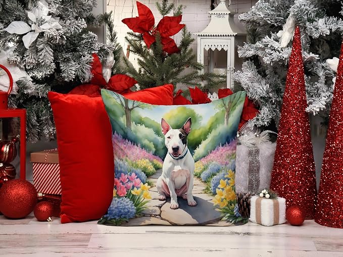Caroline's Treasures English Bull Terrier Spring Path Throw Pillow Machine Washable, Indoor Outdoor Decorative Pillow for Couch, Bed or Patio, 14Hx14W