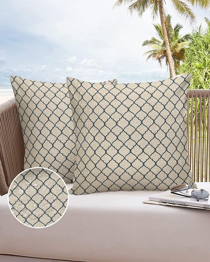 Dark Blue Moroccan Outdoor Pillow Shams Set of 2, Decorative Pillowcases Cushion Case, Soft Throw Pillow Covers Waterproof Pillow Case 18x18 Inch, Geometric Graphics Rustic Style