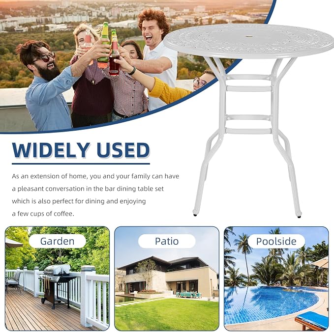 Outdoor Cast Aluminum Bar Table, 38.5" Patio Bar Height Table with 2" Umbrella Hole, All Weather High Top Bistro Round Dining Table for Outside Deck Porch Balcony Poolside, White