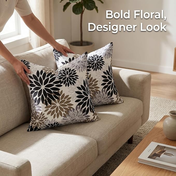 Outdoor Waterproof Throw Pillow Cases Pack of 2 Dahlia Flowers Throw Pillow Covers 18×18 Black and Brown Decorative Spring Summer Cushion Covers for Garden Patio Living Room Couch