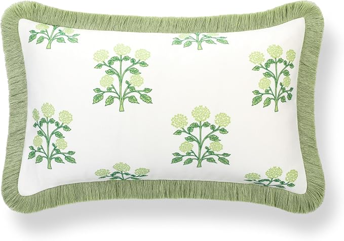 Hofdeco Premium Grandmillennial Coastal Hampton Patio Indoor Outdoor Lumbar Pillow Cover Only, 12"x20" Water Repellent for Backyard, Couch, Poolside, Grass Green Print Hydrangea Flowers