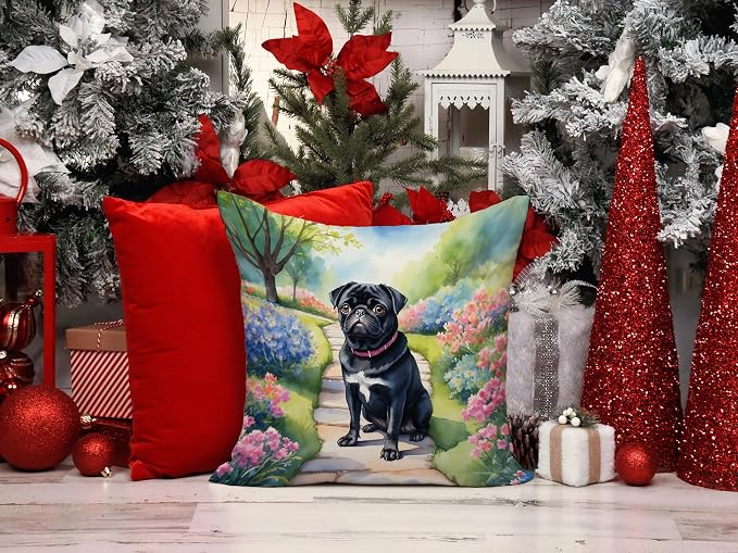 Caroline's Treasures Black Pug Spring Path Throw Pillow Machine Washable, Indoor Outdoor Decorative Pillow for Couch, Bed or Patio, 14Hx14W