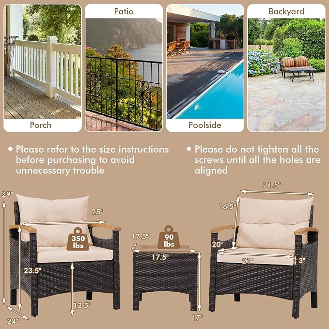 HAPPYGRILL 3 Pieces Patio Rattan Conversation Set, Outdoor PE Wicker Furniture Set with Coffee Table, Soft Seat Cushions & Throw Pillows, Acacia Wood Sofa Set for Patio Courtyard Poolside, Beige