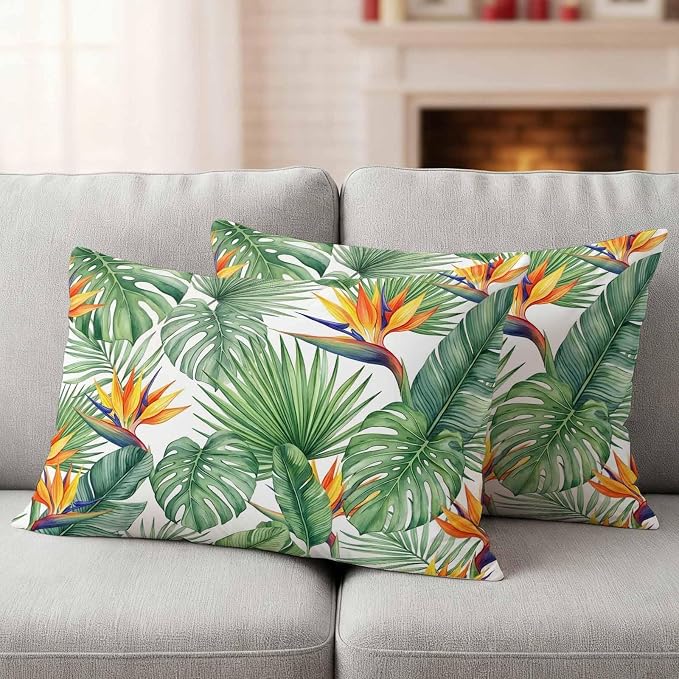 Tropical Plants Outdoor Pillow Covers 20x12 Inch Lumbar Pillow Covers Set of 2 Waterproof Decorative Throw Pillow Cases Summer Palm Leaves Monstera Green Cushion Covers for Patio Furniture Garden