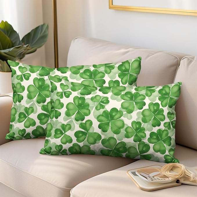 Saint Patricks Day Lumbar Pillow Covers 12x20 Green Clover Pillow Case Set of 2 Lucky Charm Throw Pillow Covers St Patricks Cotton Blend Cushion Case for Living Room Sofa Couch