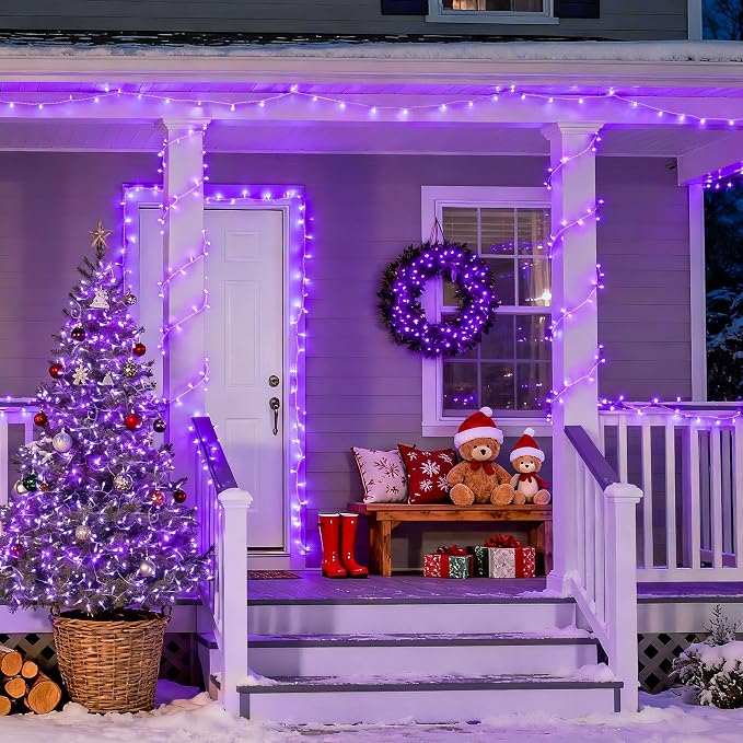 JMEXSUSS Connectable 8 Modes 100 LED Purple Halloween Lights Indoor Plug in | Purple String Lights Clear Wire, 33ft Christmas Tree Lights Outdoor for Halloween Xmas Tree, Garden, Bedroom