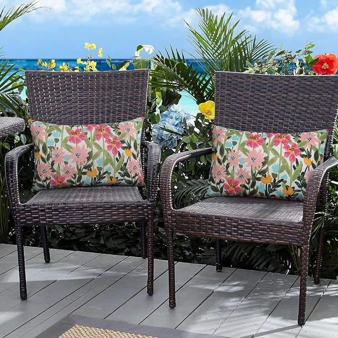Pyonic Outdoor Pillows Cover Pack of 2 Floral Waterproof Throw Pillow Covers 12X20 inch Outdoor Lumbar Pillows for Patio Furniture Garden Outside Waterproof Throw Pillows