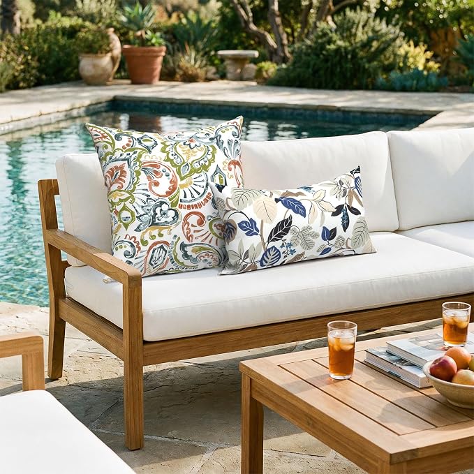 20x20 Inch Pack of 2 Patio Throw Pillow Covers ONLY, Water Repellent Cushion Cases, Square Pillowcases for Outdoor Couch Decoration, Paisley Botanical