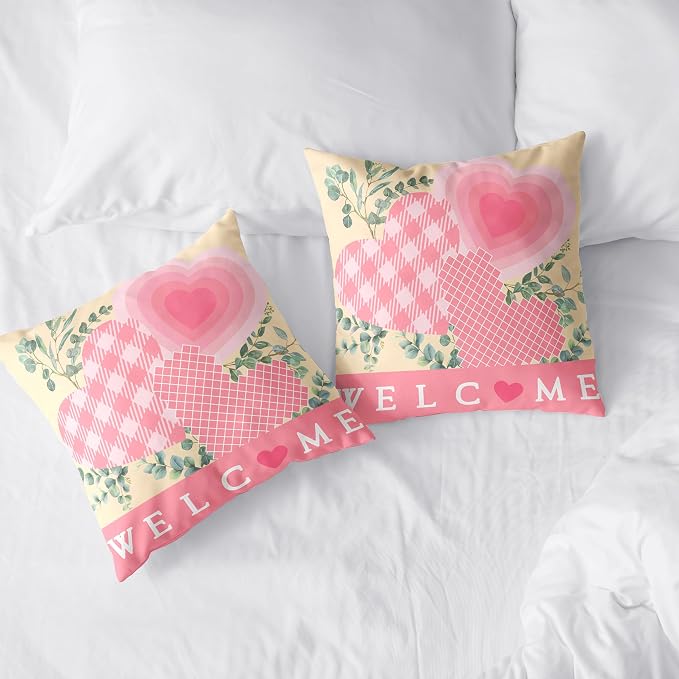 Valentine Day Pillow Covers 22x22 Set of 2 Valentines Day Pink Heart Throw Pillow Covers Pink Hearts with Eucalyptus Decoarative Pillow Case Cushion Case for Couch Sofa
