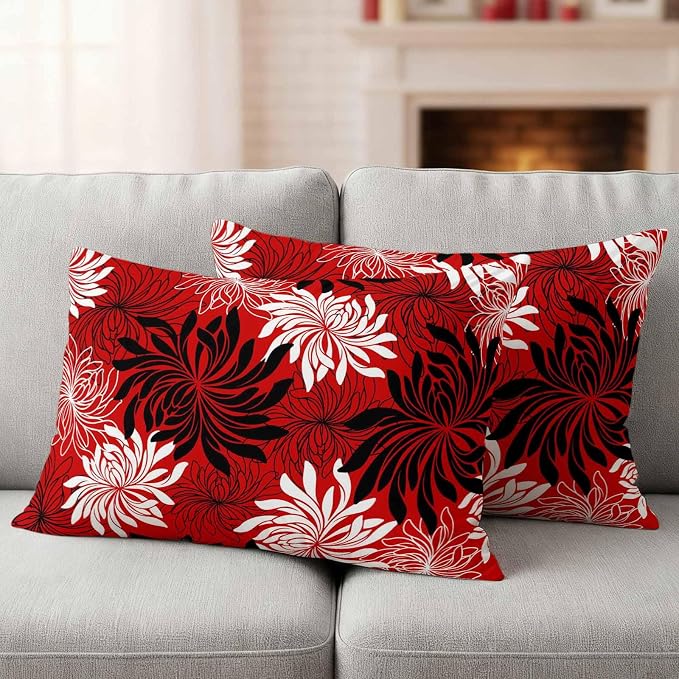 Yukro Red Black Floral Outdoor Waterproof Pillow Covers Pack of 2, Vintage White Black Flower Red Decorative Throw Pillowcases Cushion Covers for Garden Patio Tent Sofa Couch, 20x12 inch