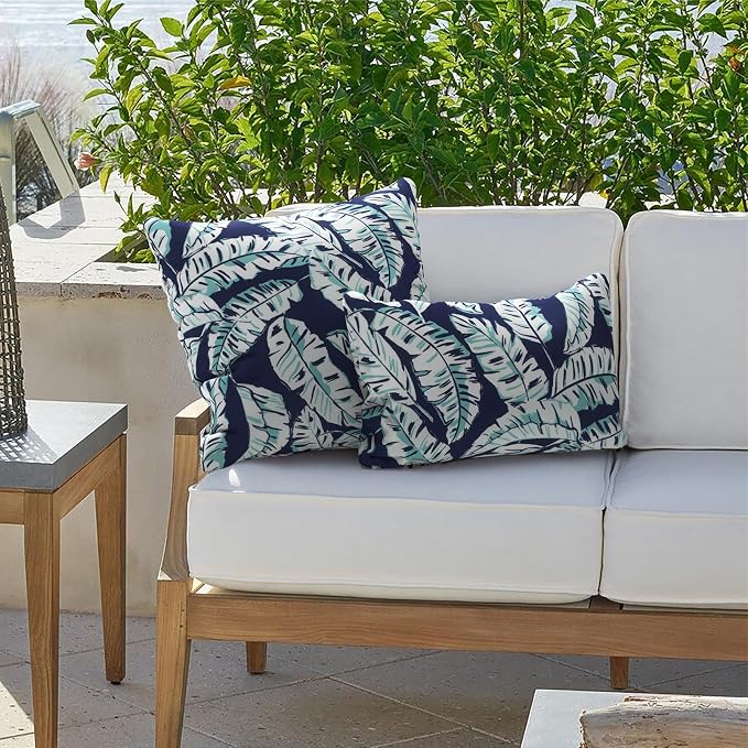 Outdoor Lumbar Pillows 12x20 inch, Rectangle Throw Pillows with Inserts, Decorative Lumbar Cushions for Patio Furniture Garden Couch Home Sofa Office Chair, Pack of 2, Baltic Palms White