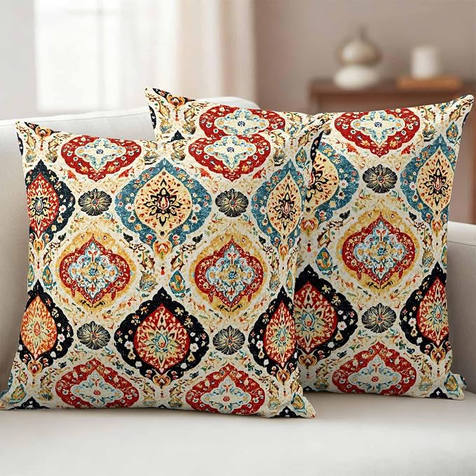 Bohemian Floral Outdoor Pillow Covers 26"x26" Set of 2, Abstract Moroccan Ethic Tribal Colored Floral Waterproof Throw Pillow Covers for Patio Furniture, Decorative Cushion Covers for Porch