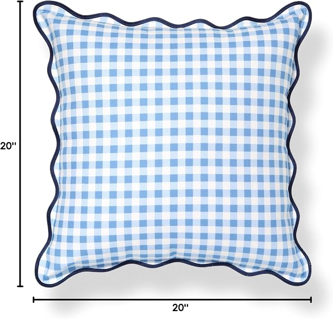 Hofdeco Premium Coastal Hampton Scalloped Patio Indoor Outdoor Throw Pillow Cover Only, 20"x20" Water Repellent for Backyard, Couch, Poolside, Azure Blue Navy Print Gingham