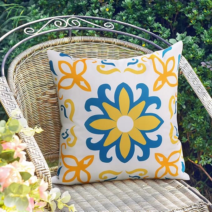 Outdoor Waterproof Throw Pillow Covers Set of 4 Floral Printed and Boho Farmhouse Outdoor Pillow Covers for Patio Funiture Garden 18x18 Inch Yellow