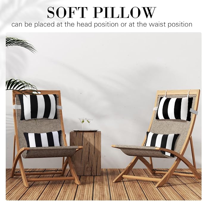 Lineshading 4 Pcs Chaise Lounge Pillow with Strap Outdoor Waterproof Pool Chair Neck Headrest Pillows with Adjustable Elastic Band for Beach Patio Chair Recliner(White and Black,Stripe)