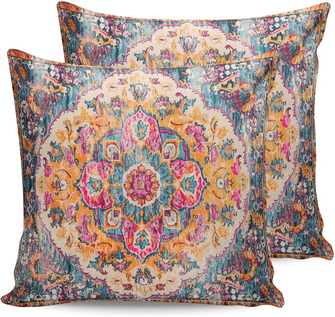 Prime Leader Outdoor Waterproof Pillow Covers Set of 2, Geometric Abstract Carpet Flowers Pattern Pink Patio Throw Pillow Covers, Decorative Cushion Case for Couch Sofa Furniture Garden, 20x20 Inch