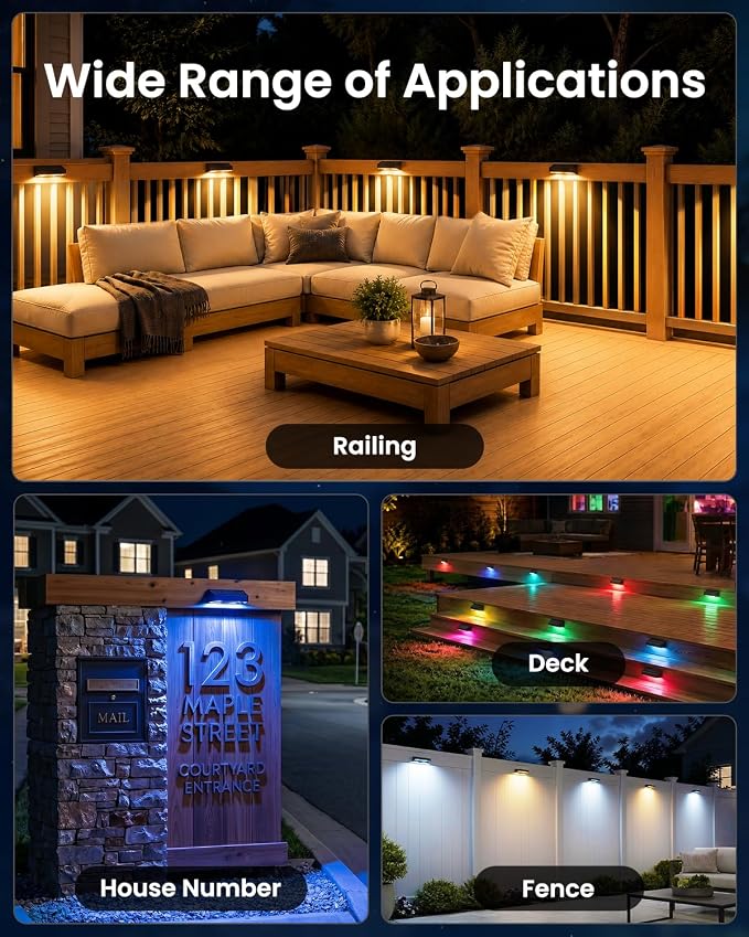 JOFIOS Fence Lights Solar Powered, 9 Fixed Colors & Color Changing Solar Lights for Fence Waterproof IP65 Dusk-to-Dawn LED Deck Lighting for Patio, Railing, Pool, Porch, Backyard, Wall, 12 Pack
