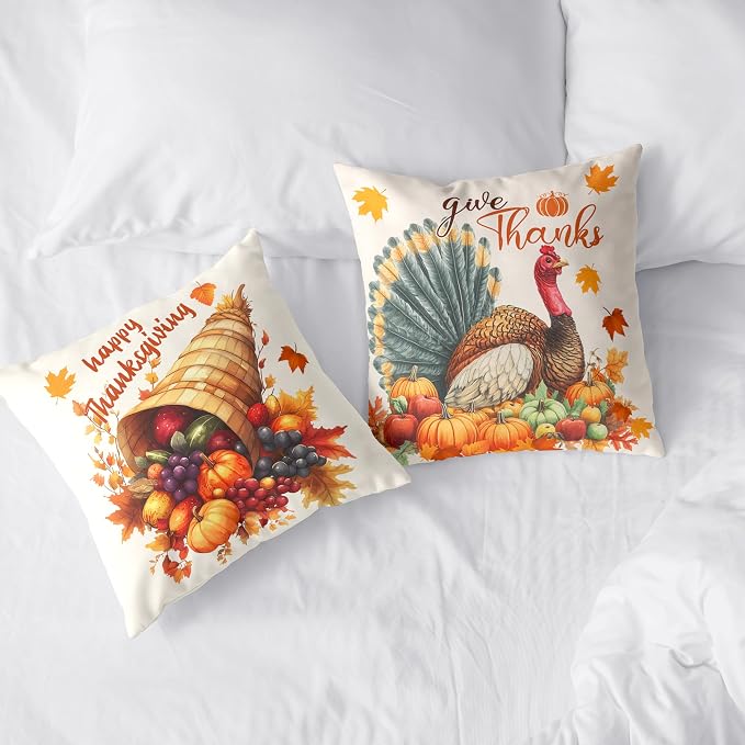 Set of 2 Thanksgiving Throw Pillow Covers 20x20 Turkey with Autumn Pumpkin Pillow Covers Fall Harvest Pillow Case Square Cushion Case for Living Room Couch