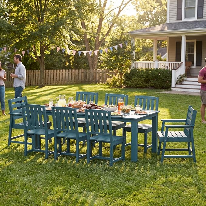 Ayge 9-Piece Outdoor Dining Set – HDPE Patio Furniture for 8 with 2" Hole Cut-Out Table & 8 Chairs, Perfect for Pool, Patio, Garden, Navy