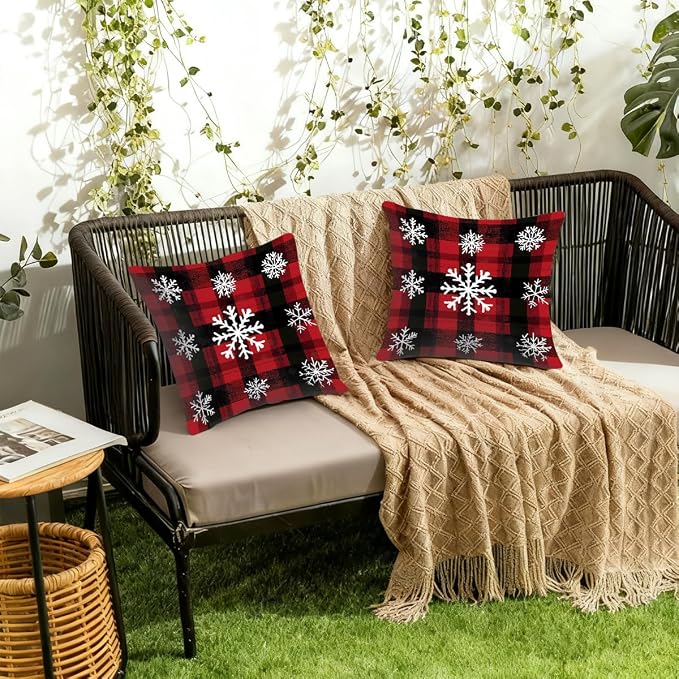 18x18 Inch Outdoor Pillow Covers Set of 2 Waterproof Throw Pillow Covers Decorative Couch Cushion Covers Buffalo Plaid Snow Square Pillowcases Protectors for Patio Garden Sofa