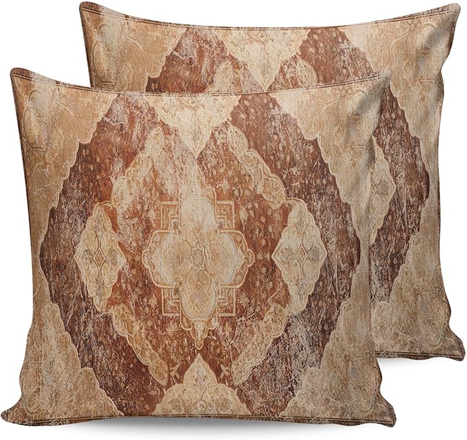 Outdoor Waterproof Pillow Covers Set of 2, Meddle Century Vintage Brown Mural Pattern Patio Throw Pillow Covers, Decorative Cushion Case for Couch Sofa Furniture Garden, 24x24 Inch