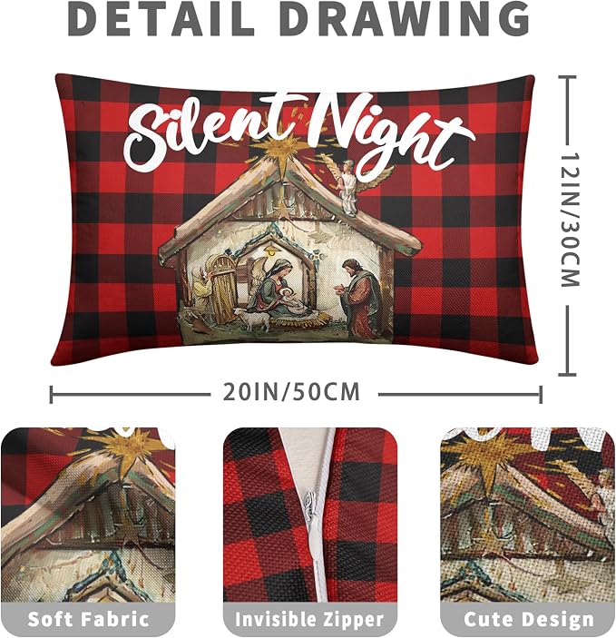 Jesus Nativity Lumbar Pillow Case 12x20 Set of 2 Red Buffalo Plaid Christmas Rectangle Pillow Covers Xmas O Holy Night Silent Night Waist Pillow Covers for Living Room Couch Bedroom