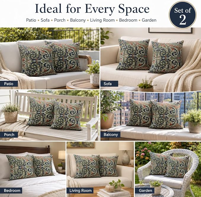 Outdoor Throw Pillows 18×18 Inch Pack of 2 Waterproof Decorative Patio Pillows with Inserts, Square Pillows for Garden Couch Sofa and Patio Furniture