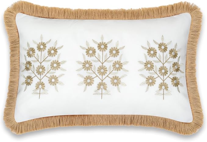 Hofdeco Premium Coastal Patio Indoor Outdoor Lumbar Pillow Cover Only, 12"x20" Water Repellent for Backyard, Couch, Neutral Tan Embroidered Floral with Fringe
