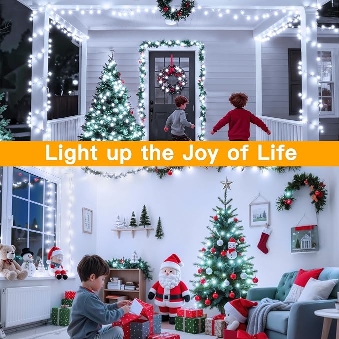 Ollny Christmas Lights 200LED 60FT Indoor, Cool White Connectable Plug in String Light Outdoor, 8 Modes Waterproof Timer LED Fairy Lights for House Outside Bedroom Patio Balcony