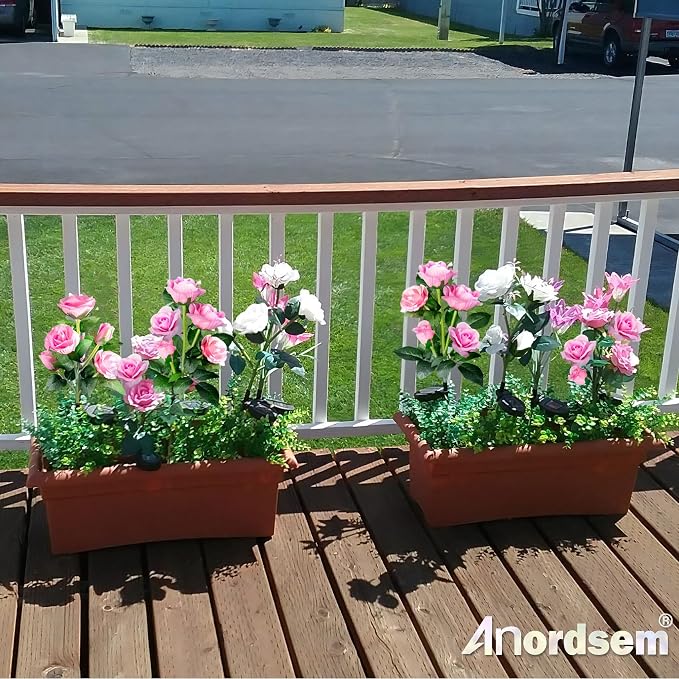 Anordsem Solar Garden Lights Outdoor: 10 Waterproof Fabric Roses 2 Pack - Pink LED Flower Decorations for Yard Patio Path Cemetery Grave - Mother’s Day Gift for Her Women Mom Wife