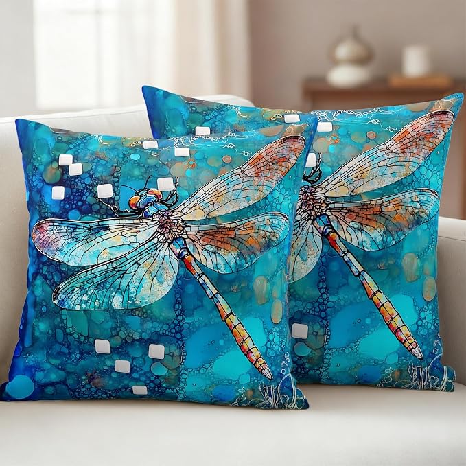 Blue Dragonfly Outdoor Pillow Covers Set of 2 Country Vintage Watercolor Dragonfly Wings Waterproof Throw Pillow Cover Decorative Cushion Cases for Patio Porch Garden 16X16 Inch