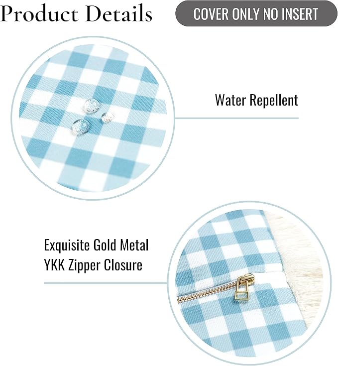 Hofdeco Premium Coastal Hampton Style Patio Indoor Outdoor Pillow Cover Only, 20"x20" Water Resistant for Backyard, Couch, Baby Blue Gingham Fringe