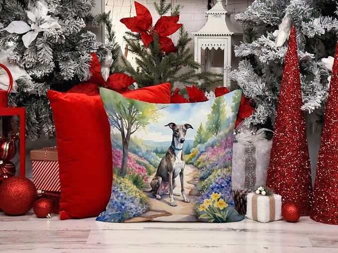 Caroline's Treasures Greyhound Spring Path Throw Pillow Machine Washable, Indoor Outdoor Decorative Pillow for Couch, Bed or Patio, 14Hx14W
