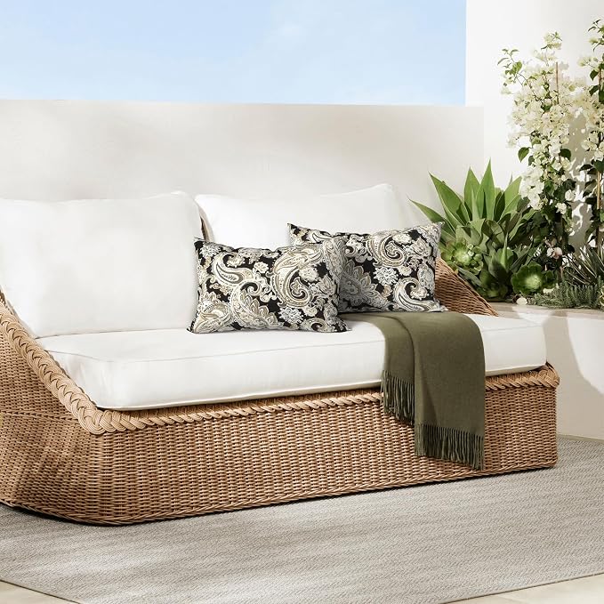 DYTXIII Pack of 2 Outdoor Waterproof Lumbar Pillow Covers ONLY, 12x20 Rectangle Decorative Double Printed Pillow Cases for Patio Couch Porch Furniture - Paisley Black