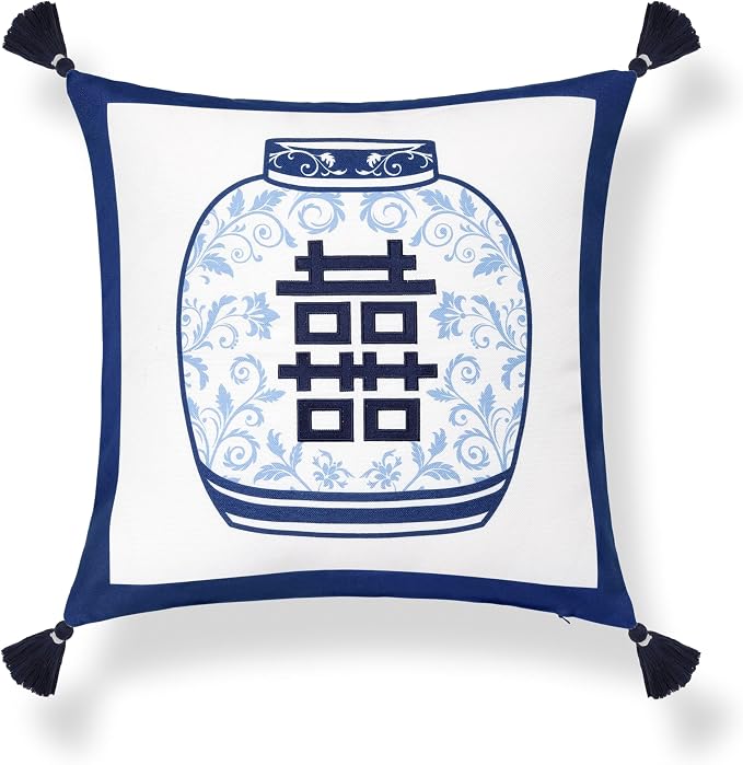 Hofdeco Premium Coastal Hampton Patio Indoor Outdoor Throw Pillow Cover Only, 20"x20" Water Repellent for Backyard, Couch, Poolside, Navy Blue Embroidered Happiness Chinoiserie Vase