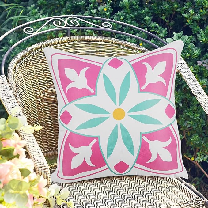 Pyonic Spring Summer Outdoor Pillows Waterproof Throw Pillow Covers Set of 4 Pink Green Floral Printed and Boho Farmhouse Outdoor Pillow Covers for Patio Funiture Garden 18x18 Inch