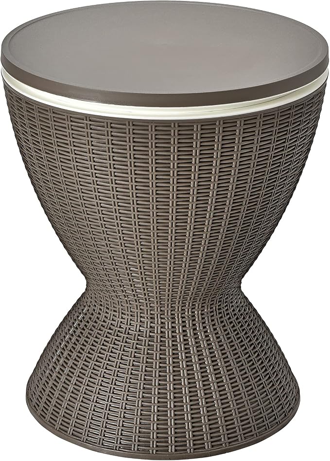 LDAILY Outdoor Cooler Table, Patio Cooler Table with 8 Gallon Capacity, Adjustable Height, Rattan Style Patio, Drain Plug, Cooler Side Table Outdoor for Poolside, Deck, BBQ & Parties(Light Brown)