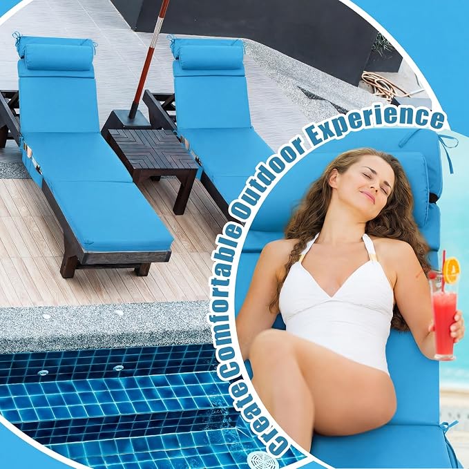 RattanView 2 Pcs Outdoor Chaise Lounge Cushion with Pillow and Side Pockets Waterproof Lounge Chair Cushions for Outdoor Furniture Patio Lounger Pad for Outside Pool Lawn (Lake Blue,80 x 26 x 4)