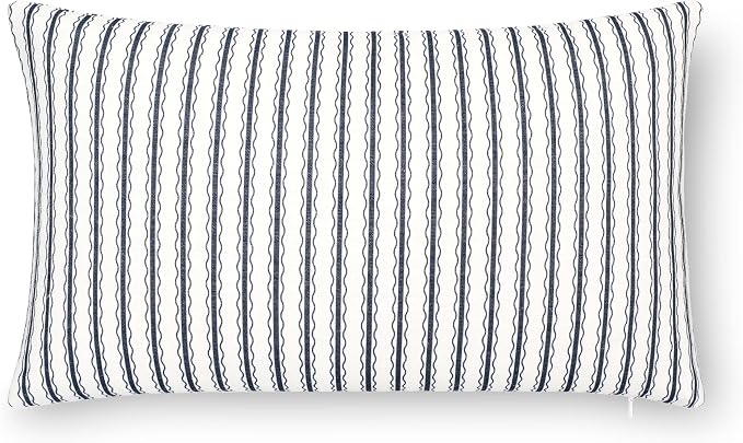 California Casual Coastal Indoor Outdoor Lumbar Pillow Cover, 12"x20" Water Repellent for Patio, Backyard, Couch, Poolside, Dark Navy Print Wave Stripes