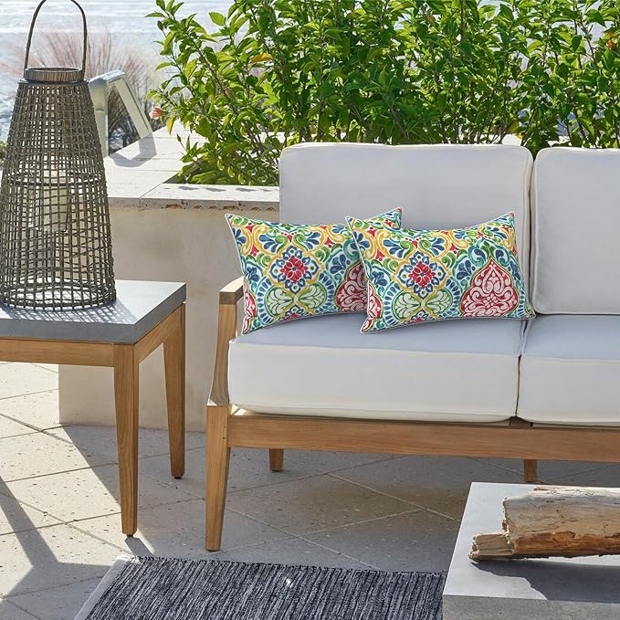 LVTXIII Set of 2 Outdoor Lumbar Pillows for Patio Furniture with White Piping, 12"x20" Fade Resistant Patio Lumbar Pillows with Inserts for Home Coach Sofa Use, Damask Red