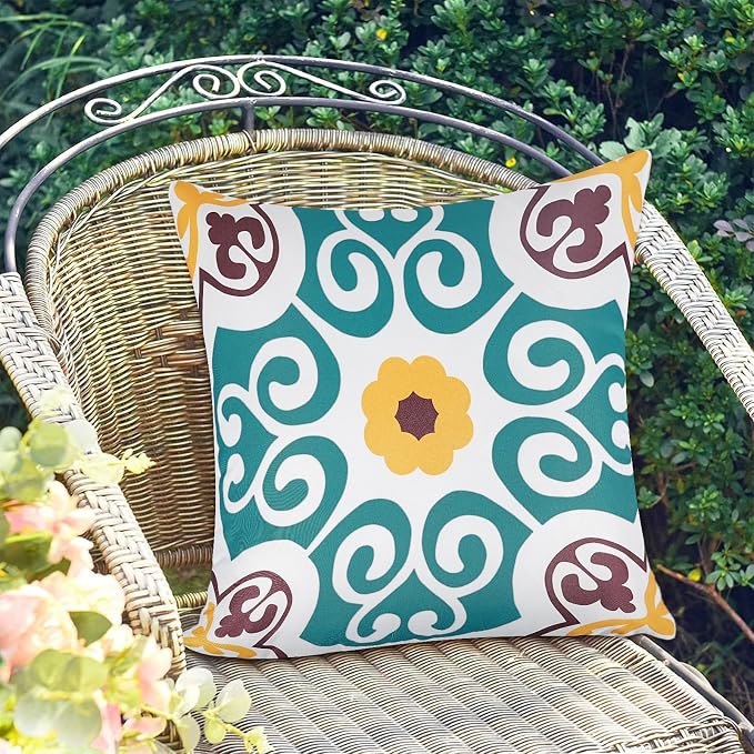 Pyonic Turquoise Outdoor Pillow Covers 18x18 inch Set of 4 | Morocco Vintage Floral Boho Pillow Covers Water Resist Outdoor Pillows for Patio Furniture Garden Yard