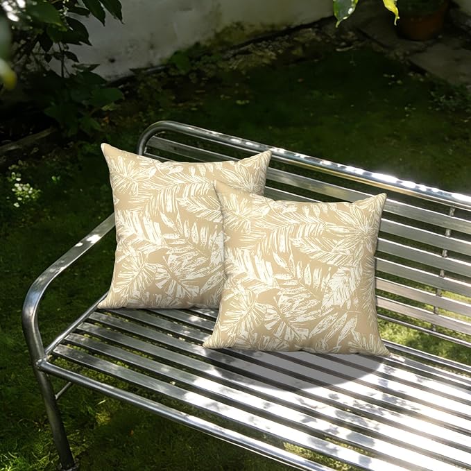 Outdoor Pillows with Insert 18x18 Inch, Waterproof Throw Pillow for Patio Furniture, Decorative Back Cushion for Garden Home Sofa Office Chair, Set of 2, Tropical Leaf Oat