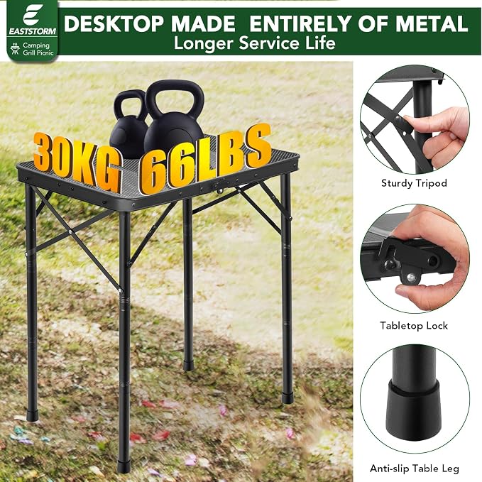 E EASTSTORM Folding Grill Table for Outside, 3 Height Adjustable,Small Camping Table with Black Metal Mesh, Portable Outdoor Table for Picnic BBQ, Garden, Patio, Tailgate & Travel