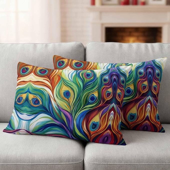 Colorful Peacock Feathers Outdoor Pillow Covers 20x12 Inch Lumbar Pillow Covers Set of 2 Waterproof Decorative Throw Pillow Cases Oil Painting Abstract Art Cushion Covers for Patio Furniture Garden